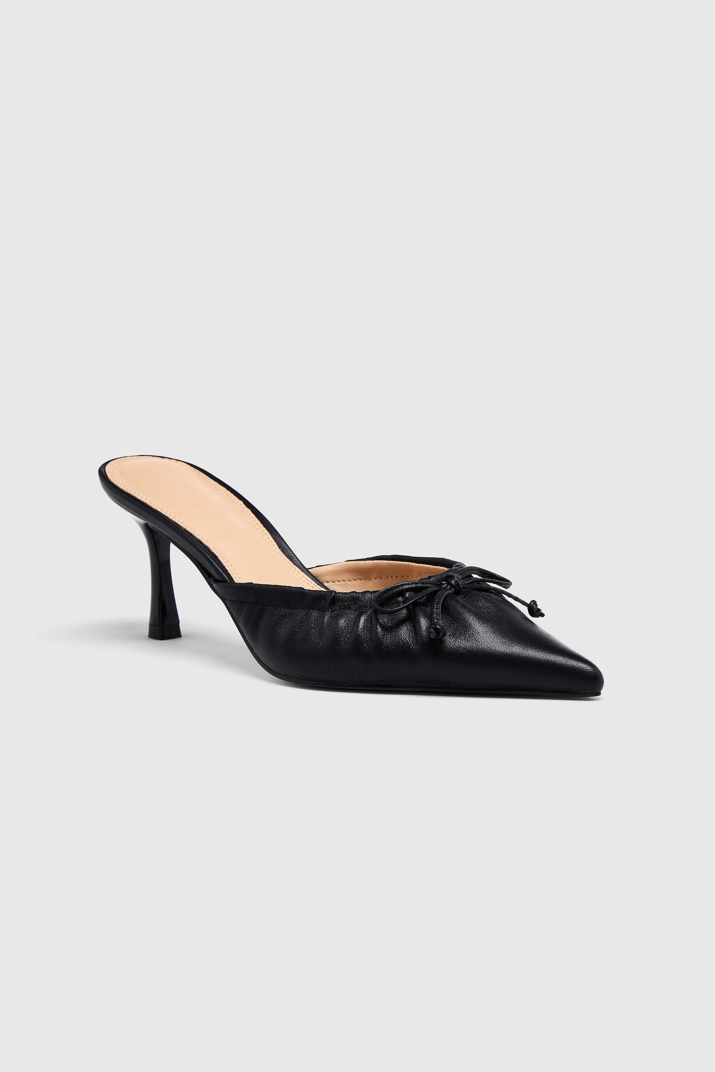 Black leather pointed-toe high-heeled backless court shoes