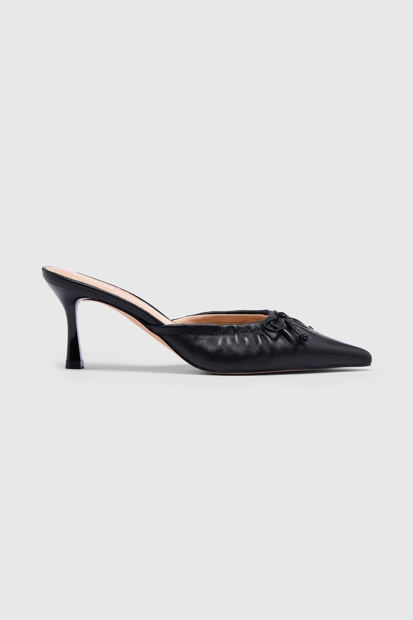 Black leather pointed-toe high-heeled backless court shoes