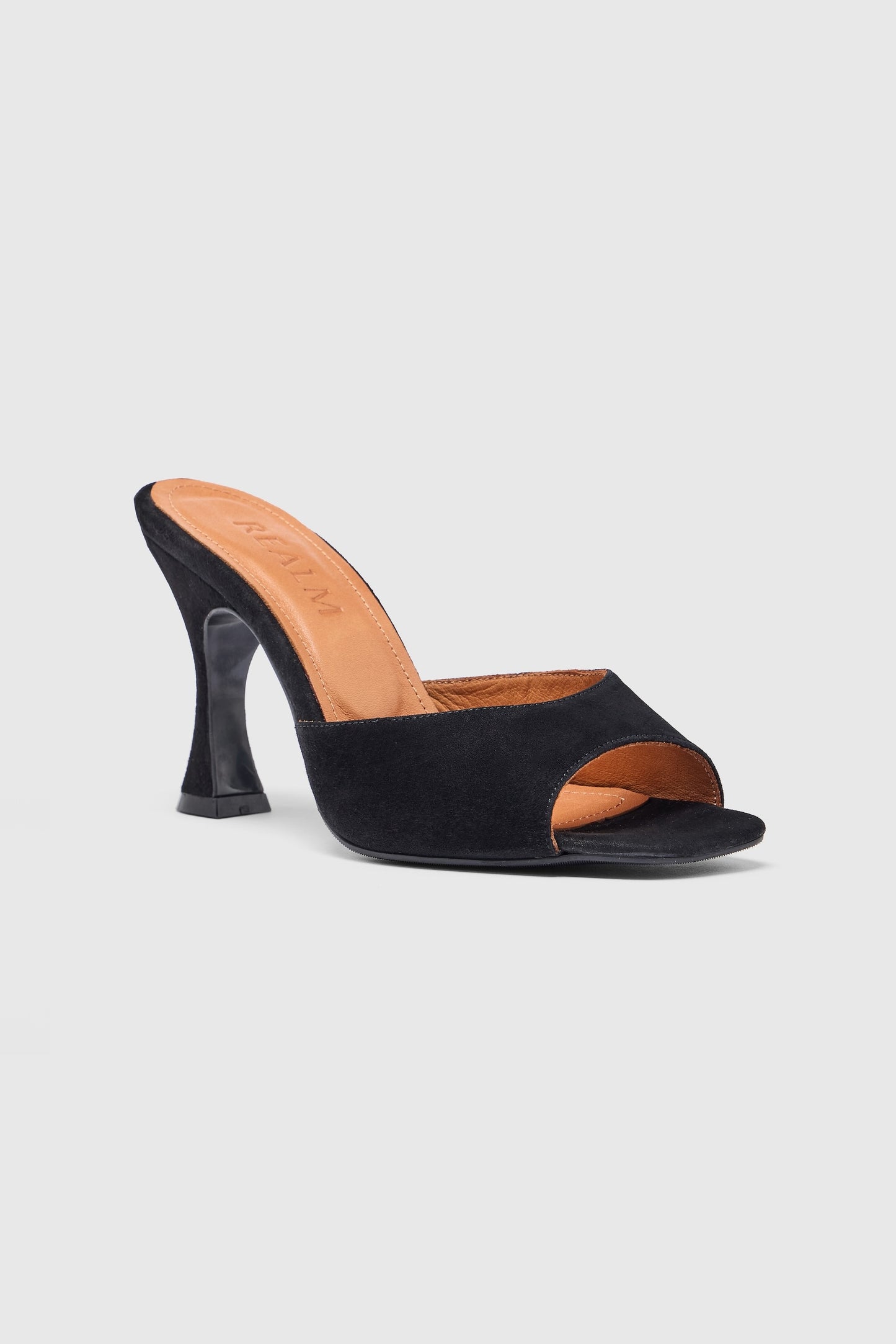 Black suede heeled 90s mules