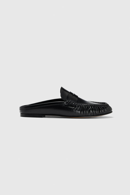 Black leather, slip-on backless mules with an open back, low heel, and toe stitching, shown on a plain light gray background.